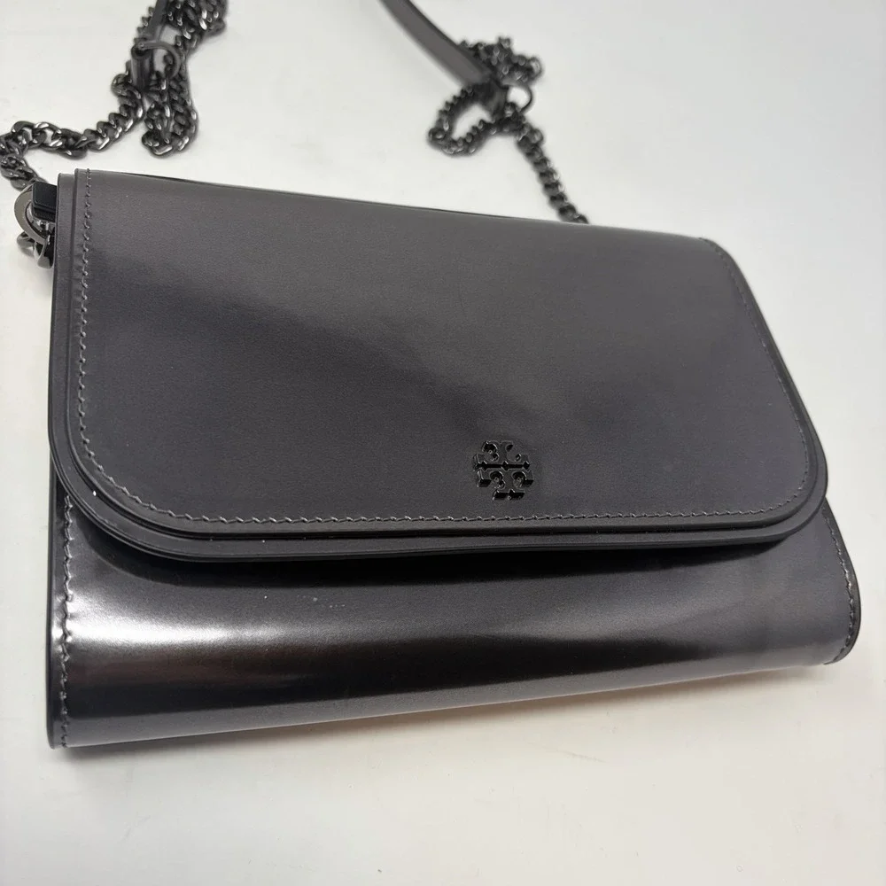 Tory Burch Emerson‎ Patent Chain Wallet Gunmetal Metallic Crossbody
